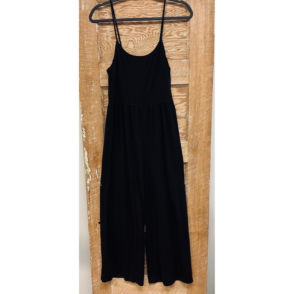 Athleta Nighttime Bliss Sleep Romper M Black Wide Leg Strappy Pajamas Loungewear
